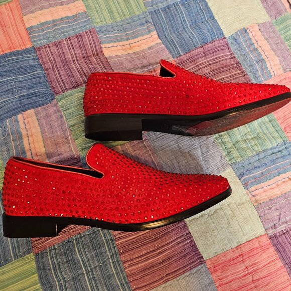 Alberto Fillini Red Velvet and Rhinestone Slip on Loafers, Size 8.5 Men’s - Picture 2 of 7